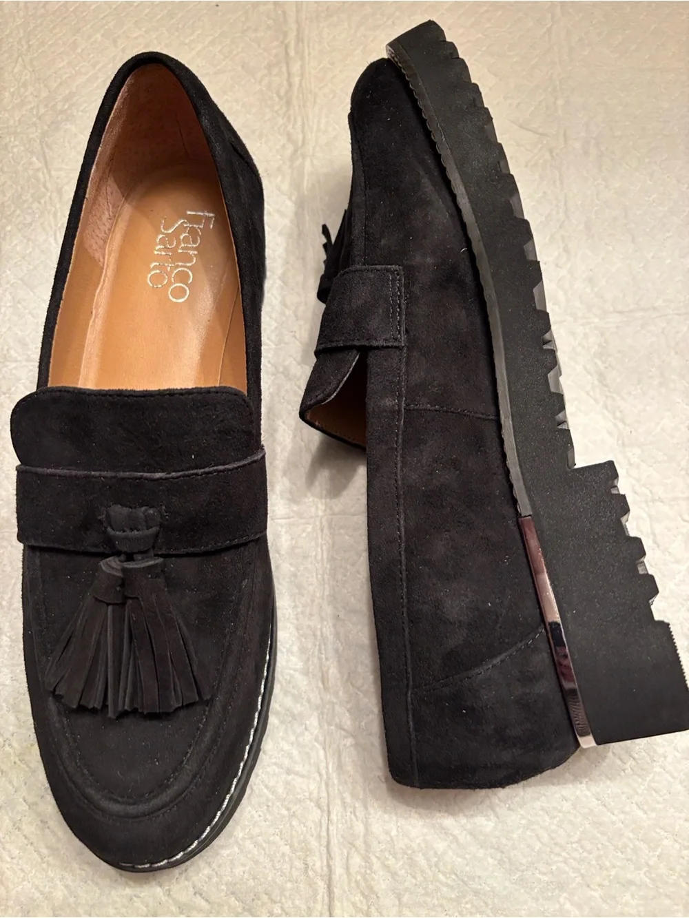 New without tags. Franco Sarto Black Suede Tassel Loafers
